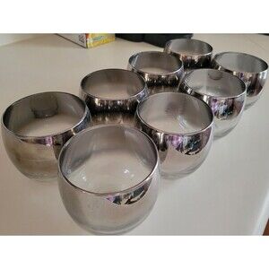 Vintage Roly Poly 8 Pc Glass Barware Silver Fade Lowball Mid Century Drinkware